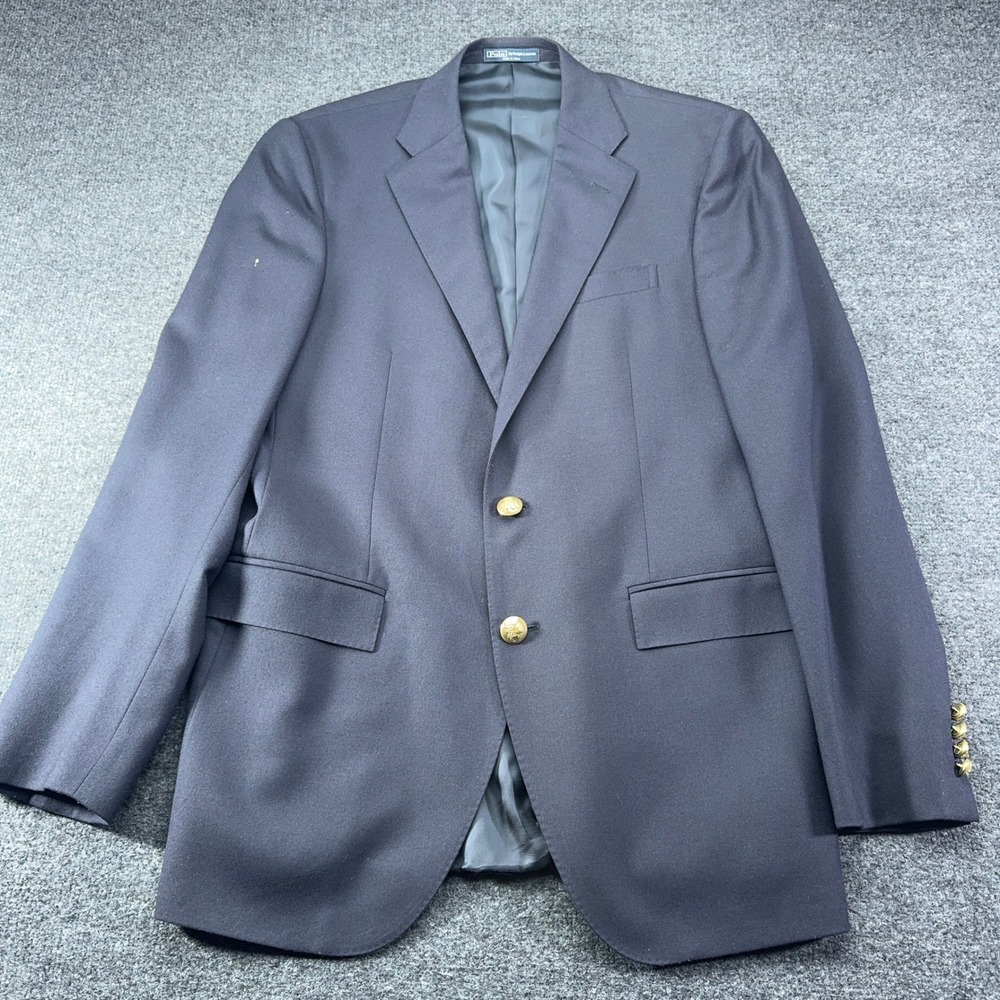 Polo Ralph Lauren Mens Navy Blue 42L Wool Blazer Gold Buttons Made in Italy